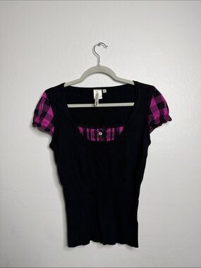 Black Top with Pink Plaid Sleeve Accents